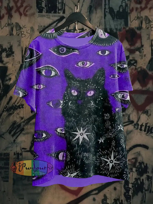Unisex Fantasy Cat Art Illustration Printed Casual Cotton Short Sleeve T-Shirt Black / S