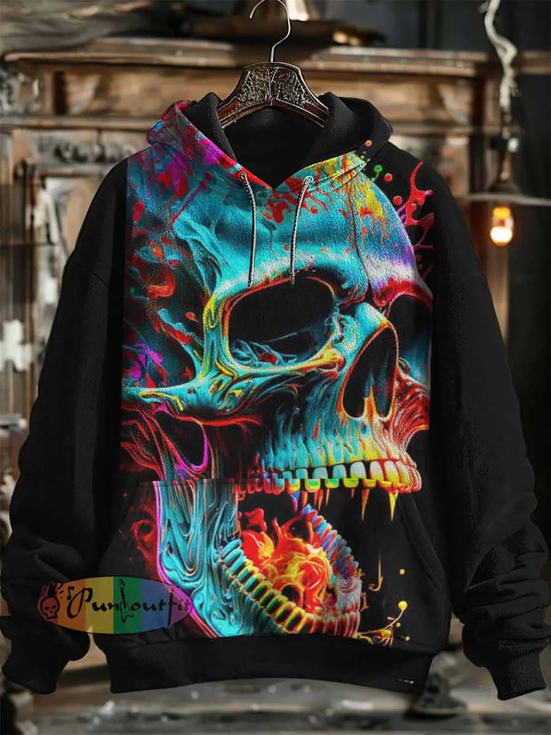 Unisex Fantasy Color Skull Print Halloween Hooded Sweatshirt With Pocket Black / S