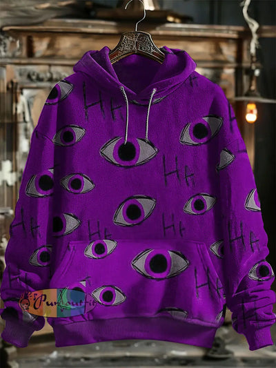 Unisex Fantasy Eye Print Halloween Hooded Sweatshirt With Pocket Purple / S