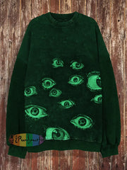 Unisex Fantasy Eyes Print Halloween Crew Neck Casual Sweatshirt Sweatshirt-Green / S