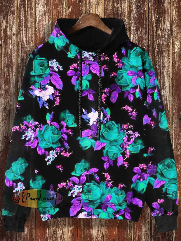 Unisex Fantasy Flowers Print Halloween Casual Hooded Sweatshirt Black / S