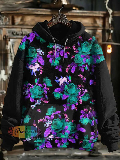 Unisex Fantasy Flowers Print Halloween Hooded Sweatshirt With Pocket Colorful / S