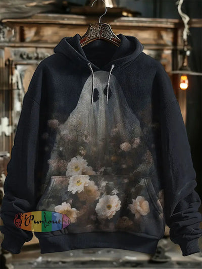 Unisex Fantasy Ghost Floral Print Halloween Hooded Sweatshirt With Pocket Black / S