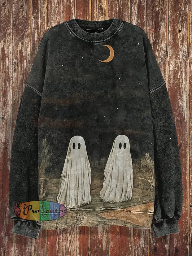 Unisex Fantasy Ghost Print Halloween Crew Neck Casual Sweatshirt Black / S