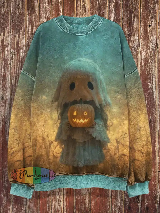 Unisex Fantasy Ghost Pumpkin Print Halloween Crew Neck Casual Sweatshirt Colorful / S