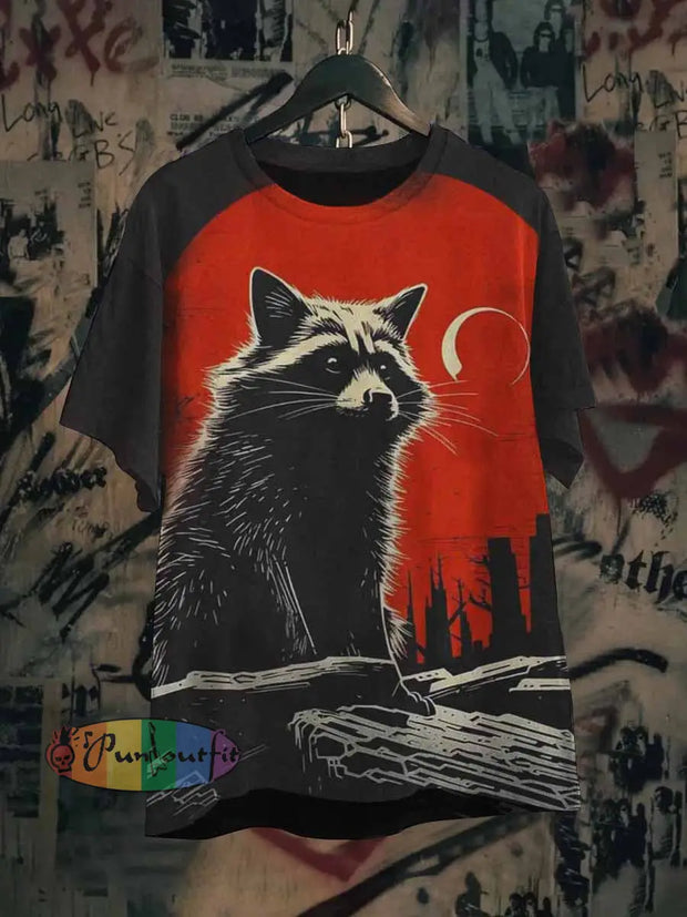 Unisex Fantasy Raccoon Print Casual Cotton Short Sleeve T-Shirt Colorful / S