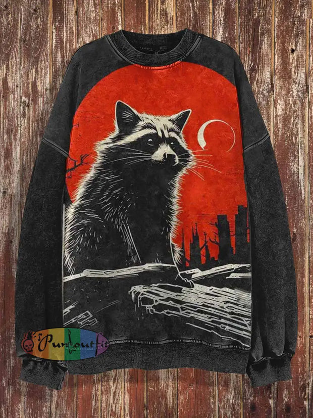 Unisex Fantasy Raccoon Print Halloween Crew Neck Casual Sweatshirt Colorful / S