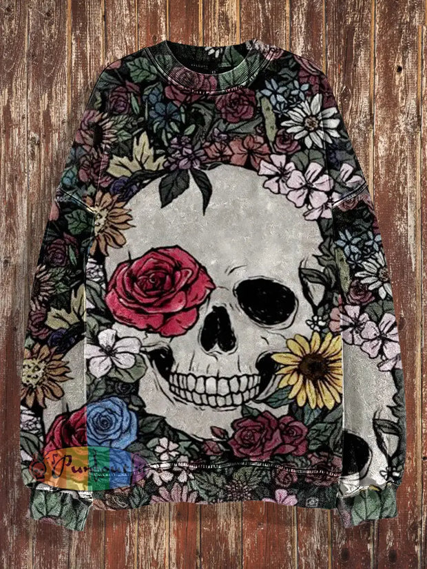 Unisex Fantasy Rose And Skull Print Halloween Crew Neck Casual Sweatshirt Colorful / S