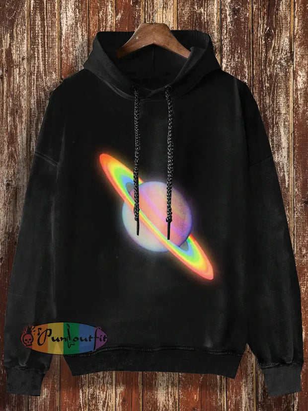 Unisex Fantasy Saturn Print Halloween Casual Hooded Sweatshirt Black / S