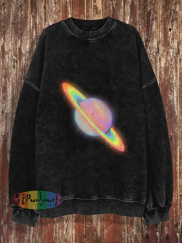 Unisex Fantasy Saturn Print Halloween Crew Neck Casual Sweatshirt Black / S