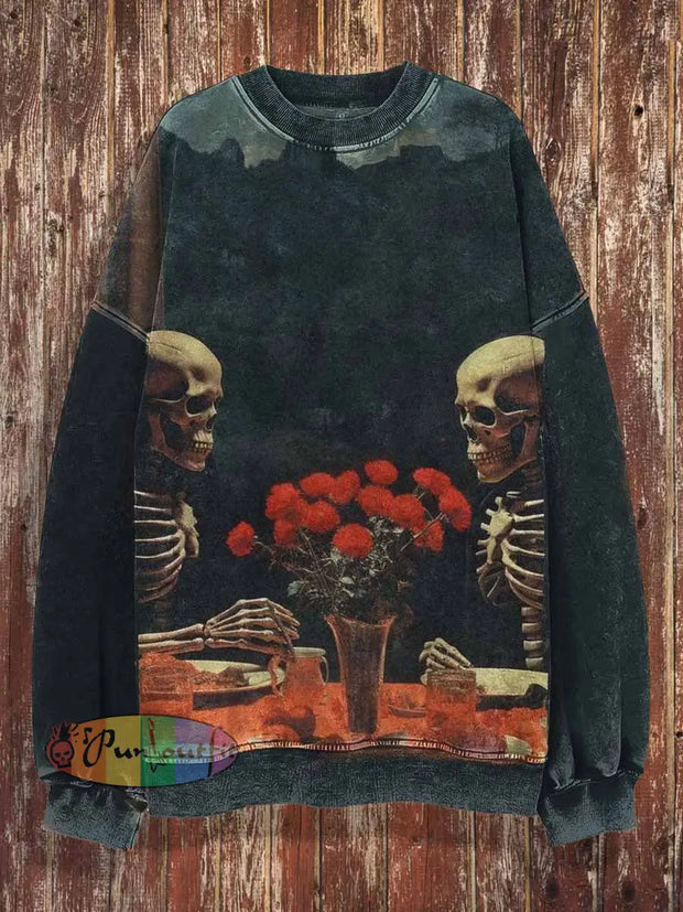 Unisex Fantasy Skull Lover Print Halloween Crew Neck Casual Sweatshirt Colorful / S