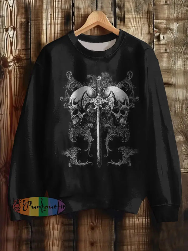 Unisex Fantasy Skull Print Halloween Crew Neck Casual Sweatshirt Black / S