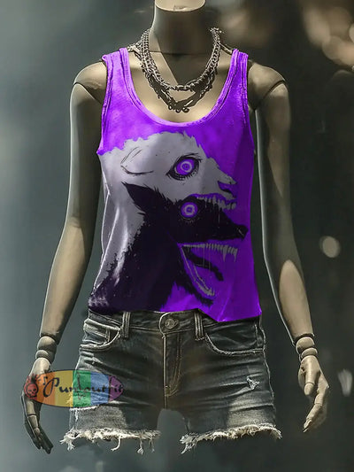 Unisex Fantasy Wolf Art Illustration Print Casual Tank Top Purple / S