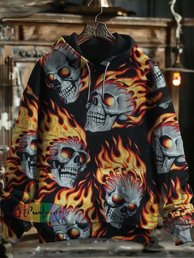 Unisex Fire Punk Skull Print Hooded Sweatshirt With Pocket Black / S