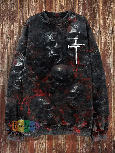 Unisex Fire Skull Cross Print Crew Neck Casual Sweatshirt Black / S