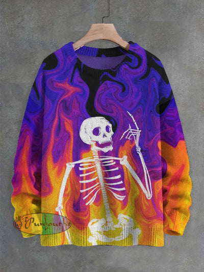 Unisex Flame Skull Print Crew Neck Sweater As Picture / S