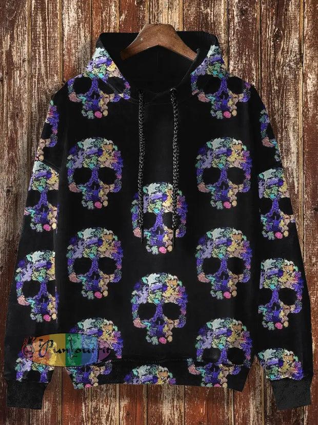 Unisex Floral-Skull Print Halloween Casual Hooded Sweatshirt Black / S