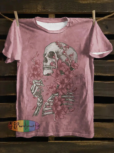 Unisex Flowers Skull Print Punk Casual Short Sleeves T-Shirt Pink / S