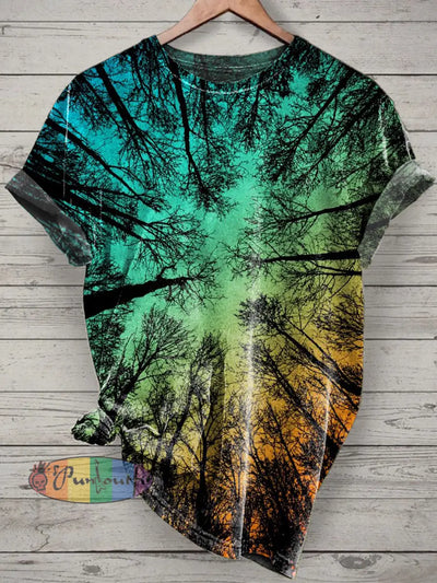 Unisex Forest Printed Vintage Fashion Loose Short Sleeve T-Shirt Green / S