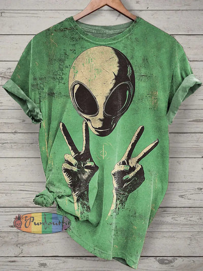 Unisex Funny Alien Printed Vintage Fashion Loose Short Sleeve T-Shirt Green / S