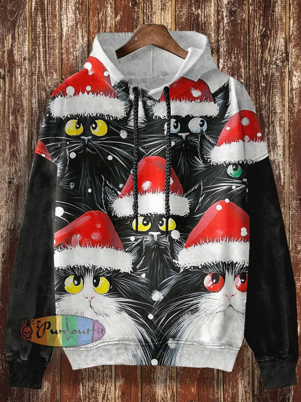 Unisex Funny Christmas Cat Print Casual Hooded Sweatshirt Colorful / S