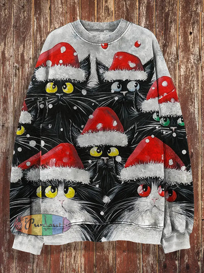 Unisex Funny Christmas Cat Print Crew Neck Casual Sweatshirt Colorful / S