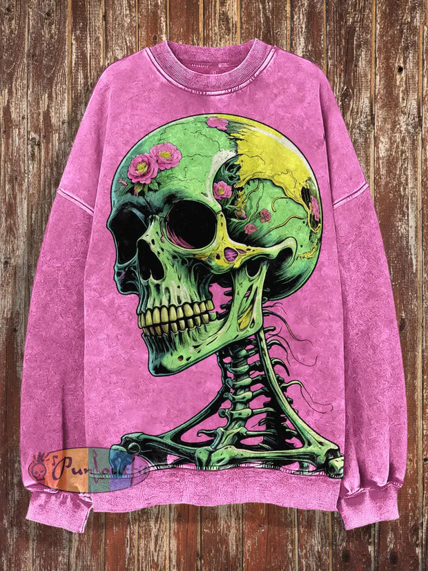 Unisex Funny Skull Print Halloween Crew Neck Casual Sweatshirt Pink / S