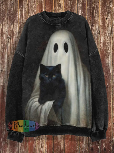 Unisex Ghost And Cat Print Halloween Crew Neck Casual Sweatshirt Black / S