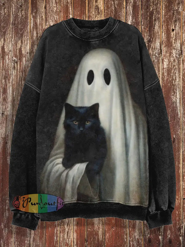 Unisex Ghost And Cat Print Halloween Crew Neck Casual Sweatshirt Black / S