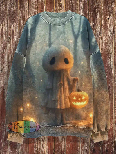 Unisex Ghost And Pumpkin Print Halloween Crew Neck Casual Sweatshirt Colorful / S