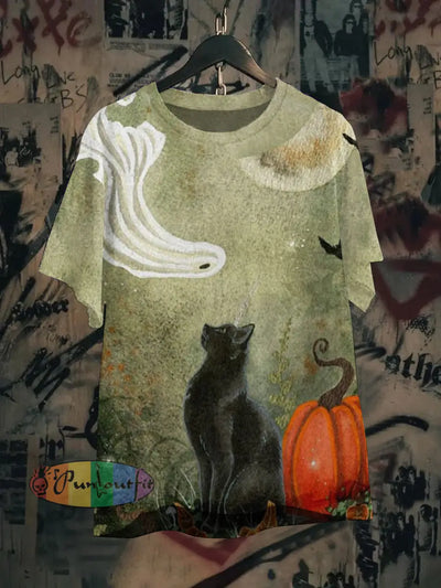 Unisex Ghost Cat Art Illustration Print Casual Cotton Short Sleeve T-Shirt Colorful / S