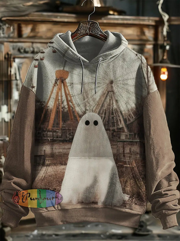 Unisex Ghost Playground Print Halloween Hooded Sweatshirt With Pocket Colorful / S