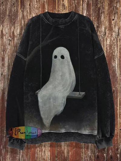 Unisex Ghost Print Halloween Crew Neck Casual Sweatshirt Black / S