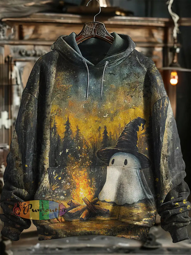 Unisex Ghost Witch Print Halloween Hooded Sweatshirt With Pocket Colorful / S