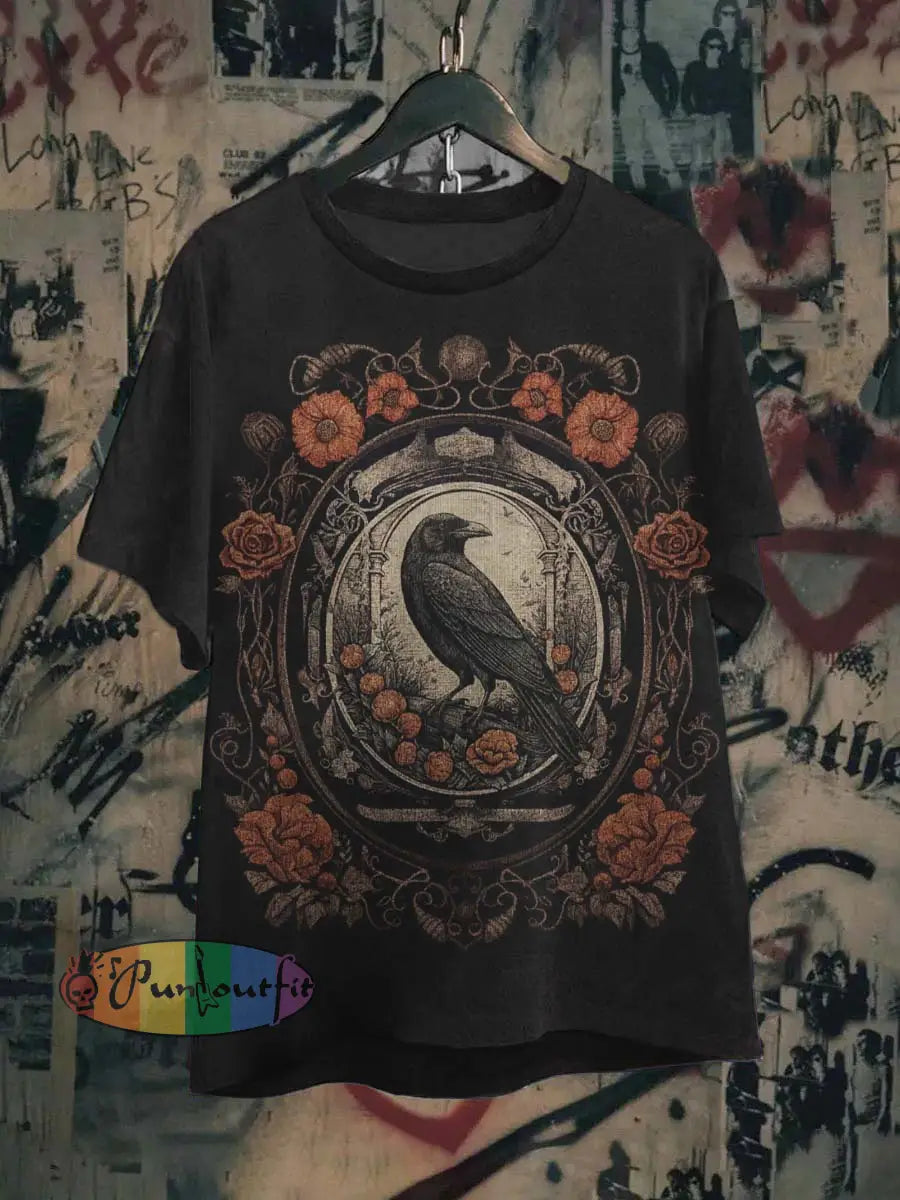 Unisex Gothic Raven Floral Print Casual Crew Neck T-Shirt As picture / S