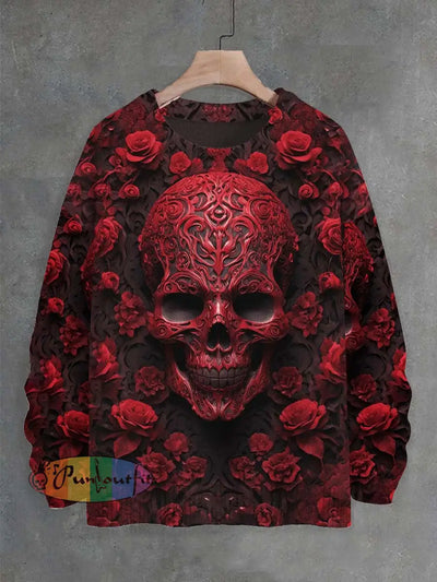 Unisex Gothic Skull Rose Print Casual Sweater As Picture / S