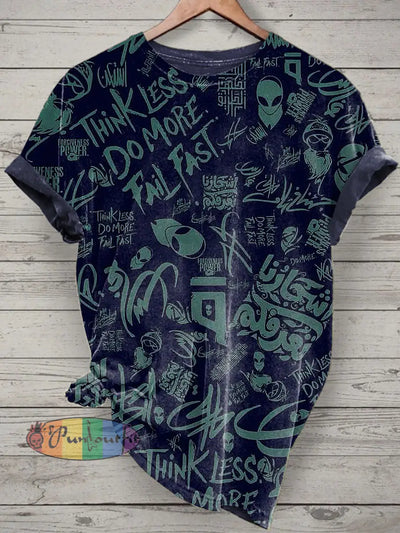 Unisex Graffiti Art Printed Vintage Fashion Loose Short Sleeve T-Shirt Dark Blue / S