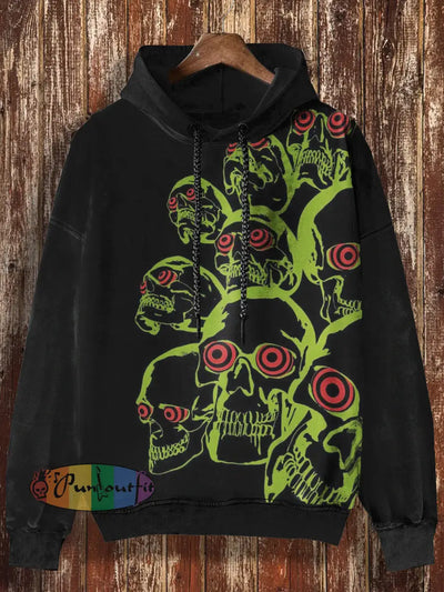 Unisex Green Skull Print Halloween Casual Hooded Sweatshirt Black / S