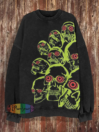 Unisex Green Skull Print Halloween Crew Neck Casual Sweatshirt Black / S