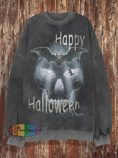 Unisex Halloween Bat Skull Retro Round Neck Casual Long Sleeved Sweatshirt Dark Gray / S