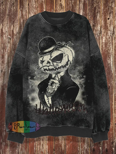 Unisex Halloween Retro Printed Round Neck Casual Long Sleeved Sweatshirt Black / S