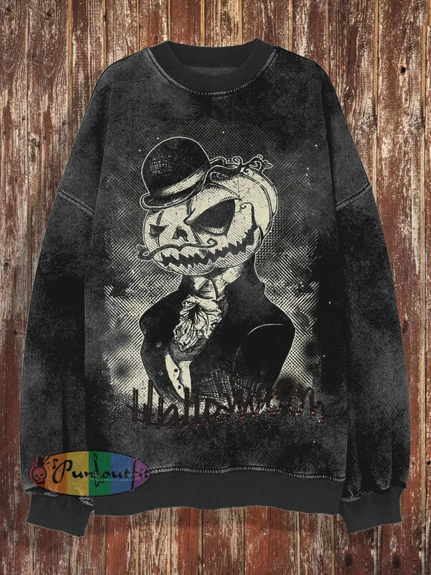 Unisex Halloween Retro Printed Round Neck Casual Long Sleeved Sweatshirt Black / S