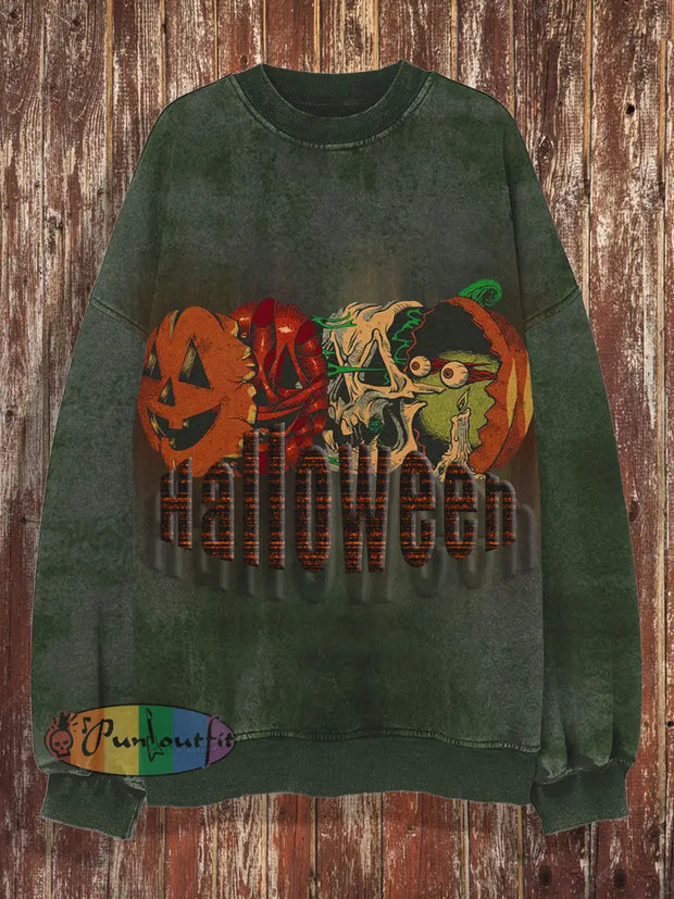 Unisex Halloween Retro Printed Round Neck Casual Long Sleeved Sweatshirt Green / S