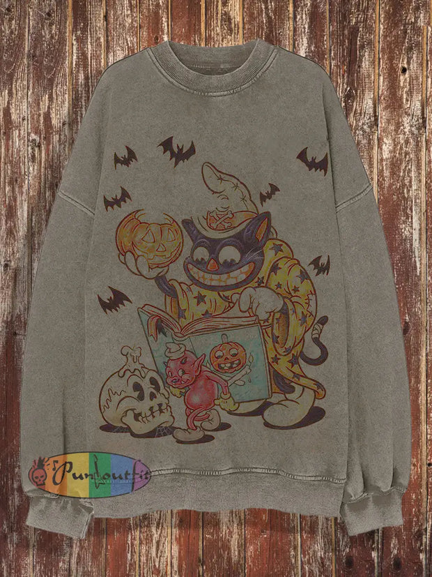 Unisex Halloween Round Neck Retro Fashionable Loose Long Sleeved Sweatshirt Apricot Gray / S