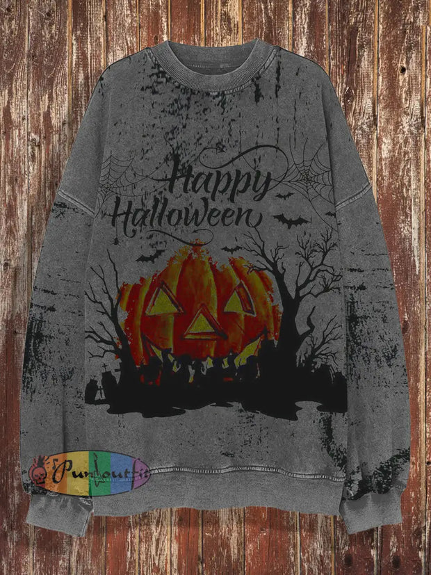 Unisex Halloween Round Neck Retro Fashionable Loose Long Sleeved Sweatshirt Dark Gray / S