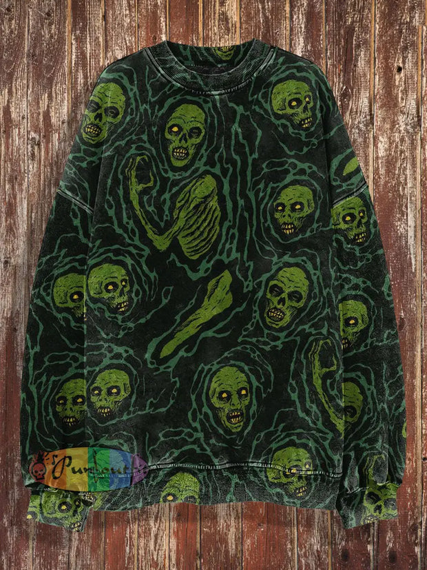 Unisex Halloween Skull Fun Print Crew Neck Casual Sweatshirt Green / S