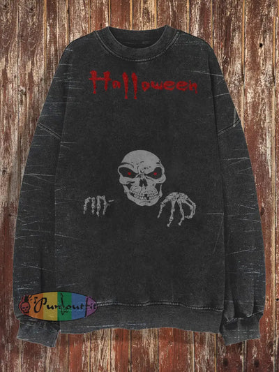 Unisex Halloween Skull Retro Printed Round Neck Casual Fashion Long Sleeved Sweatshirt Black / S