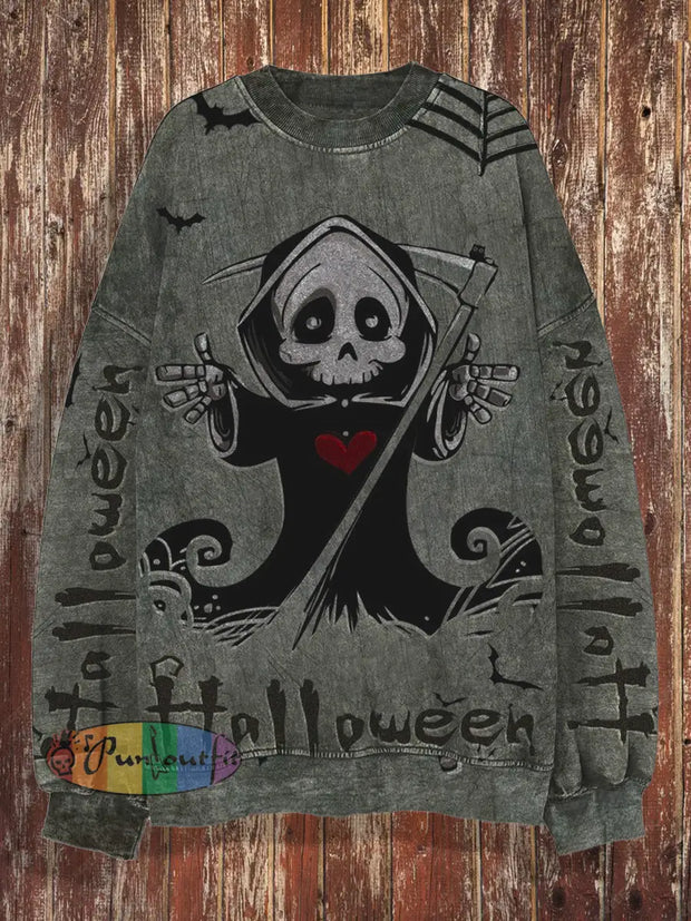 Unisex Halloween Skull Retro Printed Round Neck Casual Fashion Long Sleeved Sweatshirt Gray / S