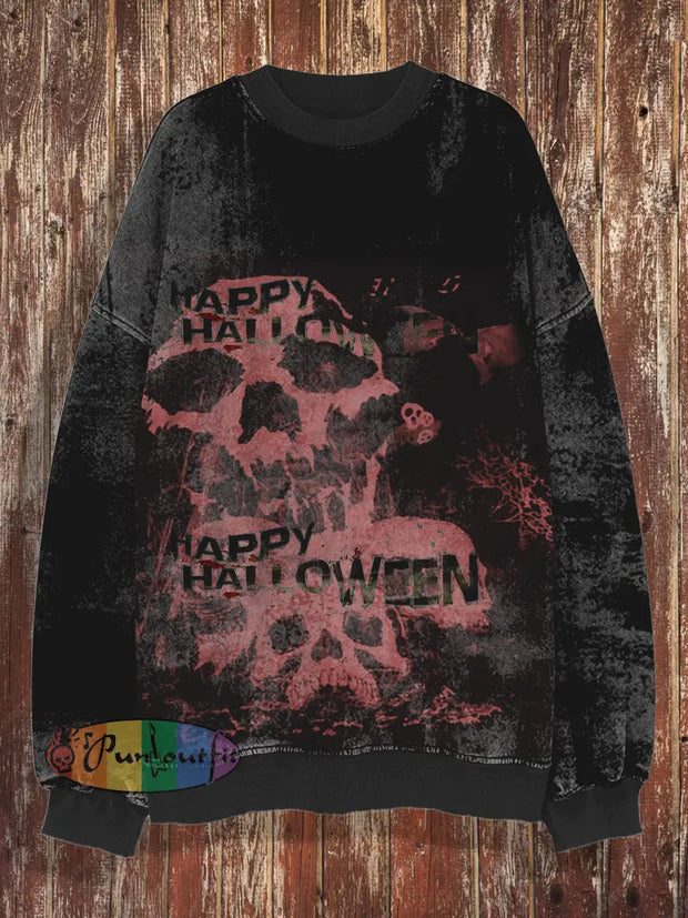 Unisex Halloween Skull Retro Printed Round Neck Casual Long Sleeved Sweatshirt Black / S