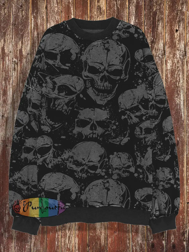 Unisex Halloween Skull Retro Round Neck Loose Long Sleeved Sweatshirt Black / S